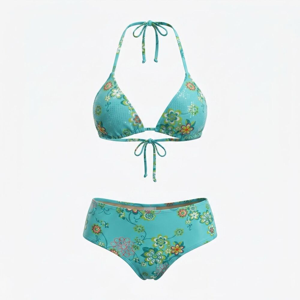Pan Dulce Aqua Floral Sequin Bikini Set (Medium / 11/12 Top & 9/10 Bottom)